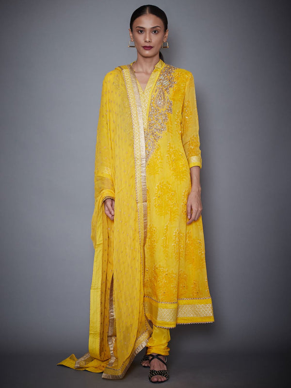 RI Ritu Kumar Yellow Embroidered Kurti With Dupatta And Churidar