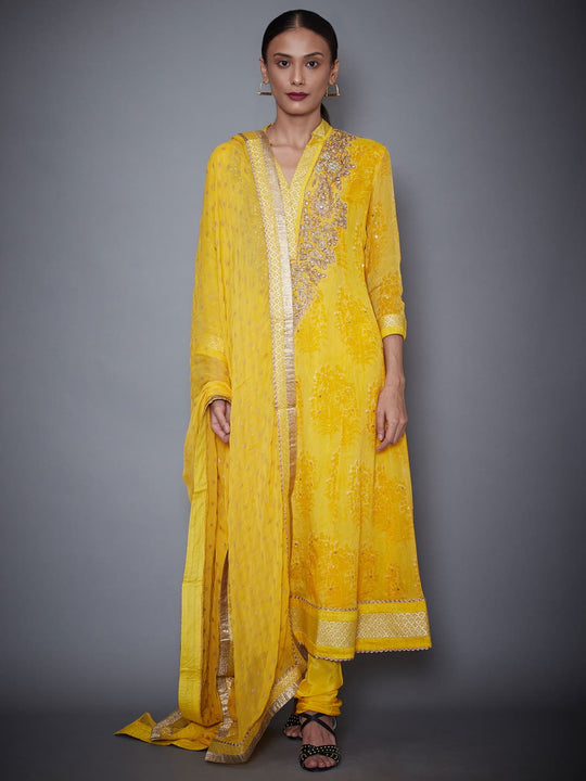 RI-Ritu-Kumar-Yellow-Embroidered-Kurta-With-Dupatta-And-Churidar-Complete-View