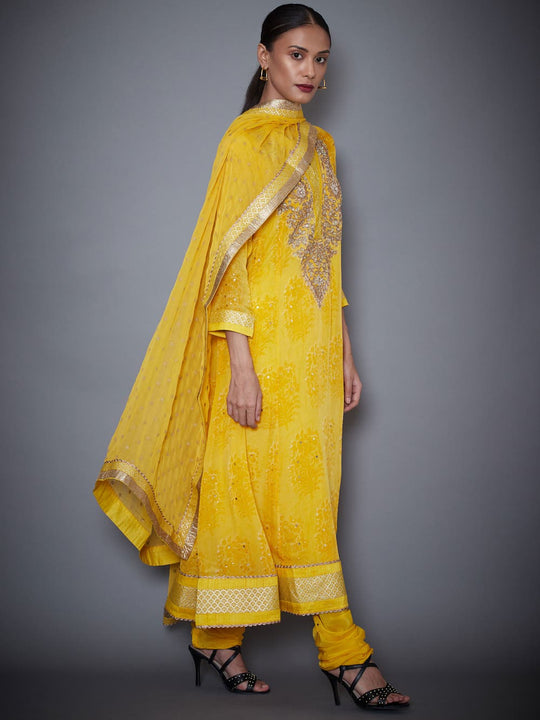 RI-Ritu-Kumar-Yellow-Embroidered-Kurta-With-Dupatta-And-Churidar-Side-View2