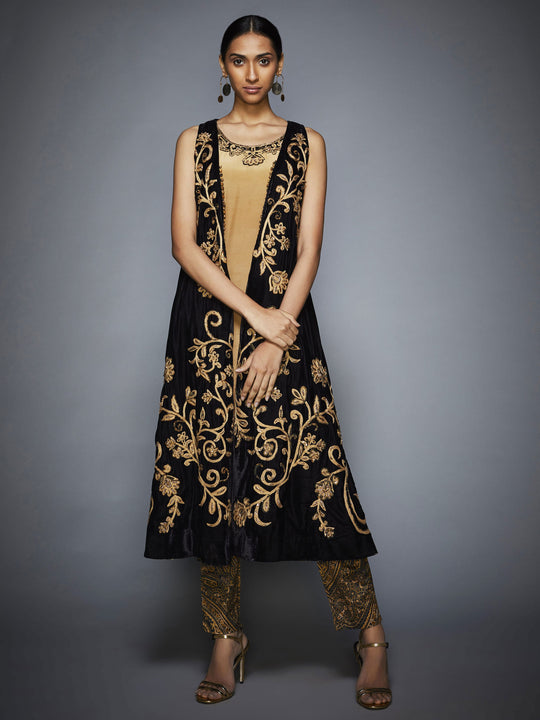 Black & Gold Embroidered Jacket & Trouser For Women-Complete Look