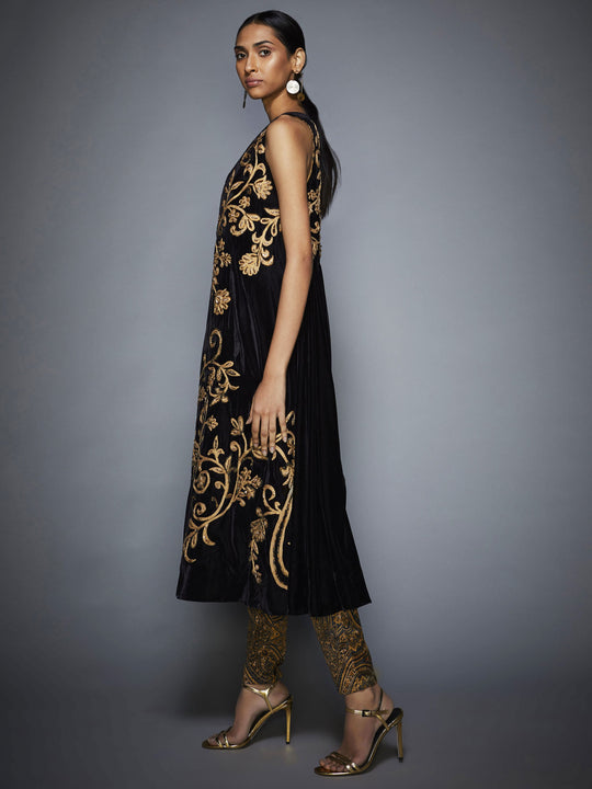 Black & Gold Embroidered Jacket & Trouser For Women-Side