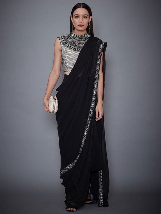 RI Ritu Kumar Black & White Embroidered Draped Saree With Stitched Blouse Front View