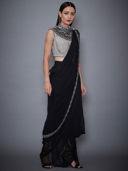 RI-Ritu Kumar Black & White Embroidered Draped Saree With Stitched Blouse Side View