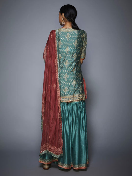 Teal & Beige Embroidered Kurta with Garara and Dupatta-Back