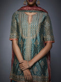 Teal & Beige Embroidered Kurta with Garara and Dupatta-CloseUp