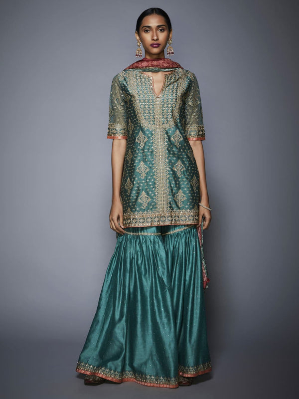 RI Ritu Kumar Teal & Beige Embroidered Ensemble