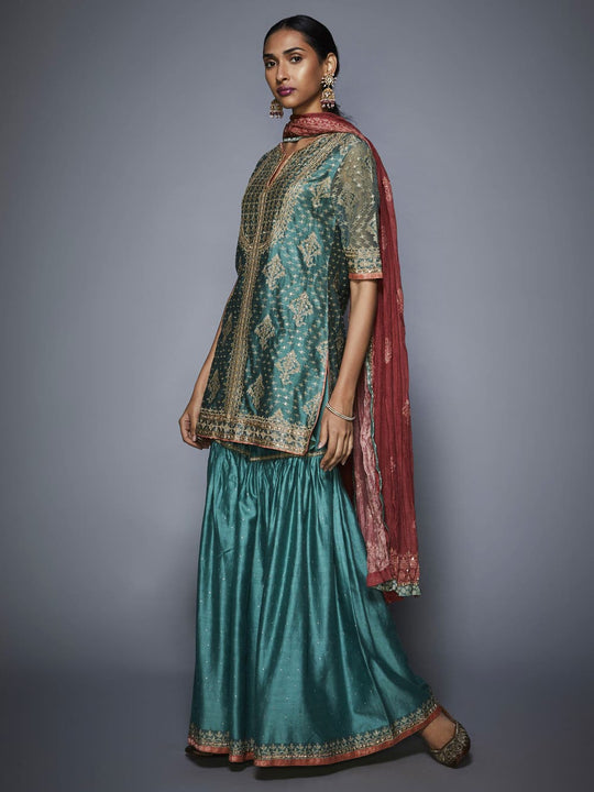 Teal & Beige Embroidered Kurta with Garara and Dupatta-Side Pose