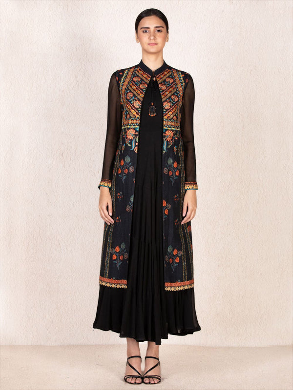 RI Ritu Kumar Black & Mustard Embroidered Dress With Jacket