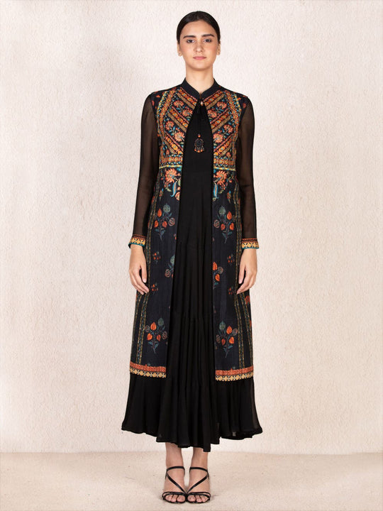 RI Ritu Kumar Black & Mustard Embroidered Dress With Jacket Saris and Things RI Ritu Kumar Black & Mustard Embroidered Dress With Jacket Saris and Things