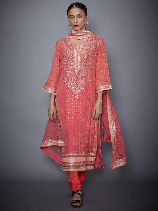 RI Ritu Kumar Coral Embroidered Suit Set Front View