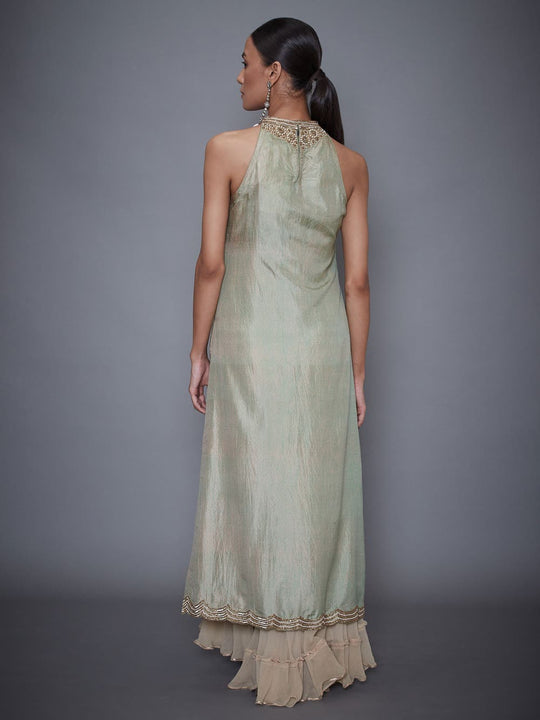 RI Ritu Kumar Mint Green & Beige Silk Suit Set- Back