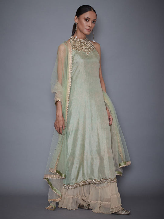 RI Ritu Kumar Mint Green & Beige Silk Suit Set- Side Look