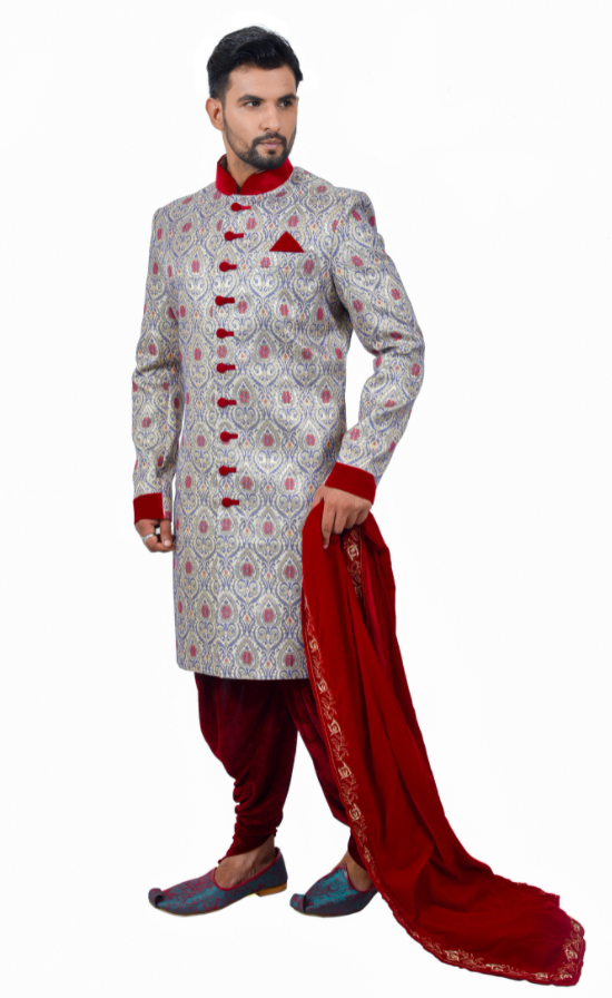 Multi Zari Brocade Silk Traditional Indian Wedding Indo-Western Sherwani for Men