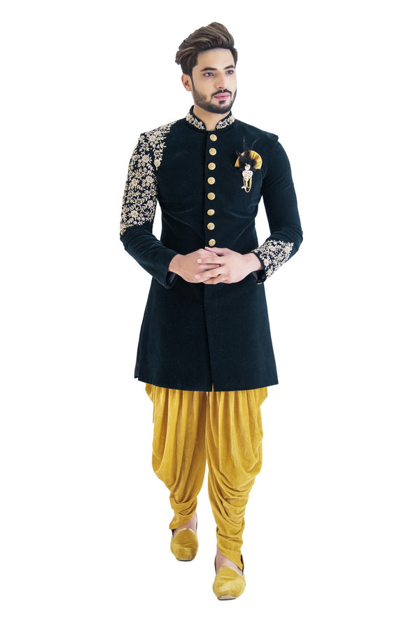 Designer Bottle Green Velvet Embroidered Indian Indo Western Sherwani for Men