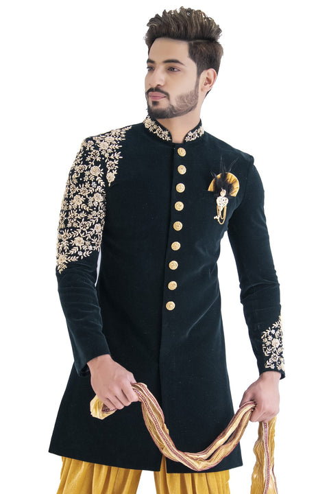 Designer Bottle Green Velvet Embroidered Indian Indo Western Sherwani for Men