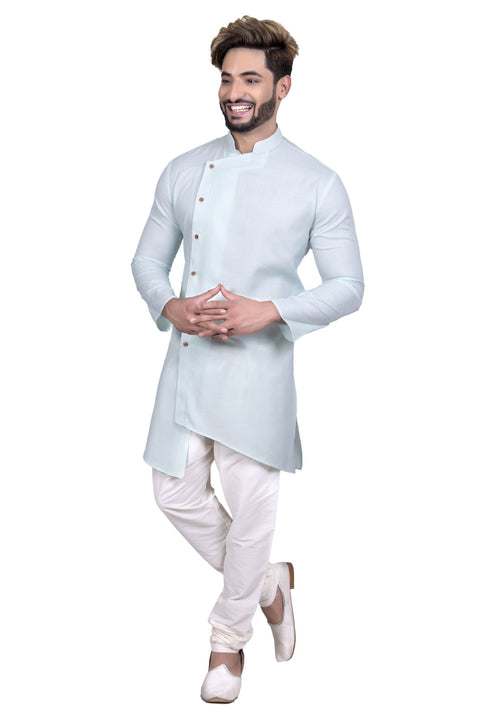 Designer Light Cyan Cool Cotton Indian Indo Western Sherwani for Men
