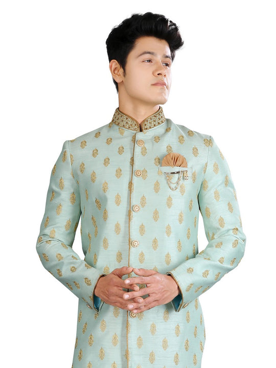 Embroidery Work Pista Silk Traditional Indian Wedding Indo-Western Sherwani for Men -RK1195