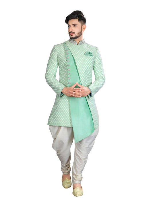 Beautifully Designed Pista Color Indian Wedding Indo-Western Sherwani for Men -RK1198