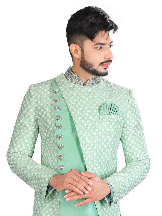 Beautifully Designed Pista Color Indian Wedding Indo-Western Sherwani for Men -RK1198