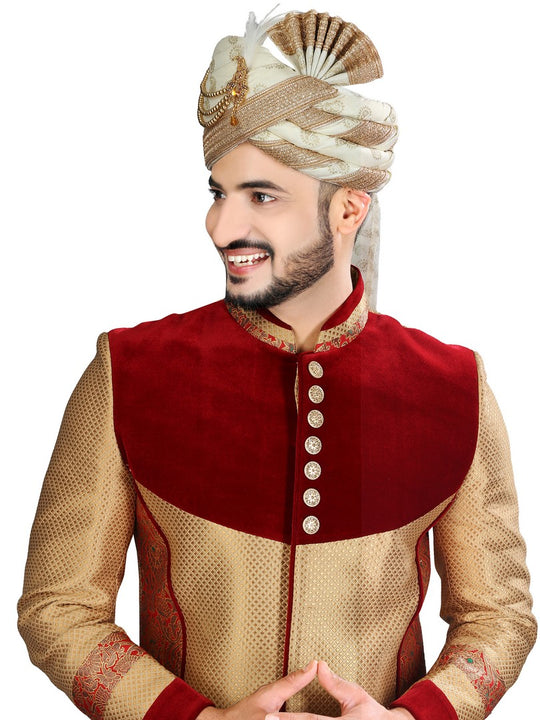 Luxurious Gold Maroon Idian Wedding Indo-Western Sherwani for Men -RK1201