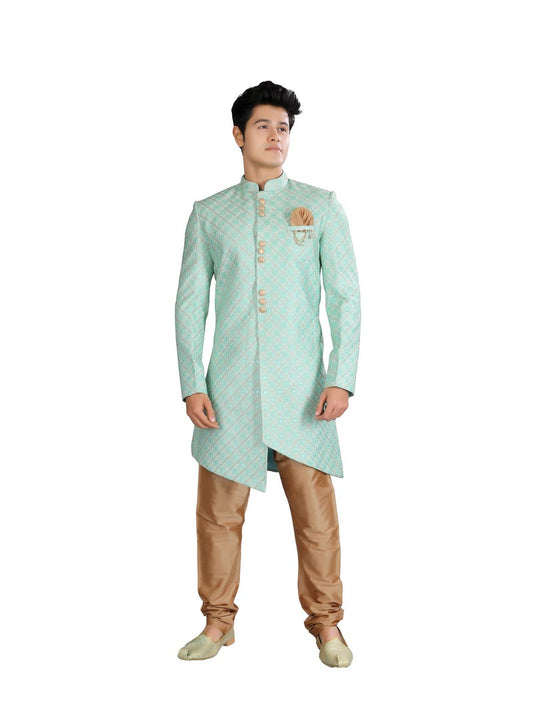 Stylish Seafoam green color Indian Wedding Indo-Western Sherwani for Men -RK1204