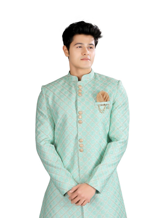 Stylish Seafoam green color Indian Wedding Indo-Western Sherwani for Men -RK1204