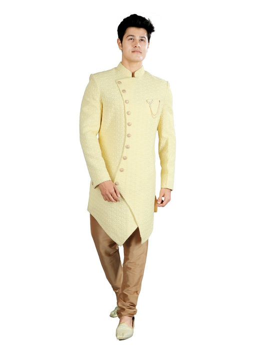 Asymmetrical Lemon Indian Wedding Indo-Western Sherwani for Men -RK1208