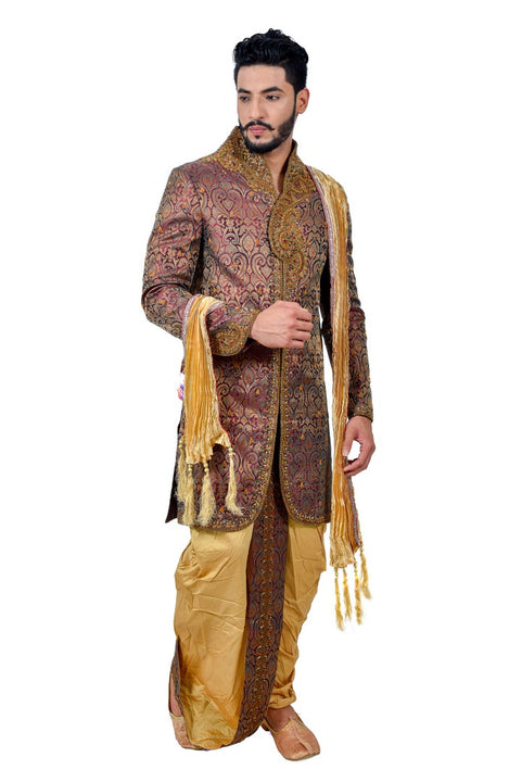 Royal Multicolor Zari Brocade With Ethnic Dhoti Indian Wedding Sherwani For Men - RK2056