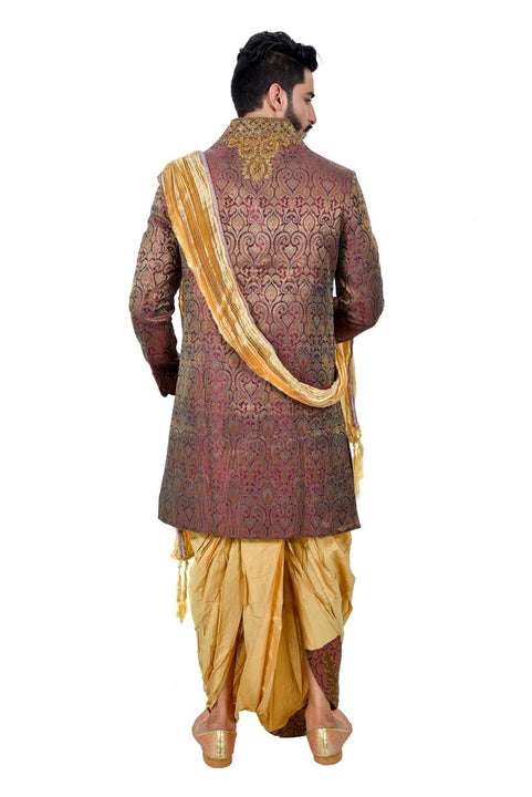 Royal Multicolor Zari Brocade With Ethnic Dhoti Indian Wedding Sherwani For Men - RK2056