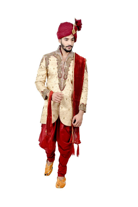 Zari Brocade Silk Maroon With Ethnic Dhoti Indian Wedding Sherwani For Men - RK2057