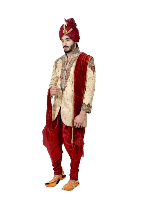 Zari Brocade Silk Maroon With Ethnic Dhoti Indian Wedding Sherwani For Men - RK2057