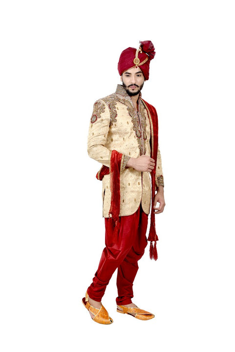 Zari Brocade Silk Maroon With Ethnic Dhoti Indian Wedding Sherwani For Men - RK2057