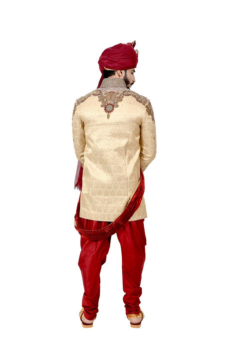 Zari Brocade Silk Maroon With Ethnic Dhoti Indian Wedding Sherwani For Men - RK2057