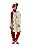 Zari Brocade Silk Cream and Maroon With Churidar Indian Wedding Sherwani For Men - RK2058