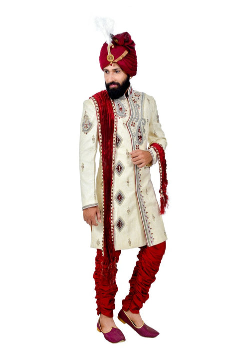 Zari Brocade Silk Cream and Maroon With Churidar Indian Wedding Sherwani For Men - RK2058