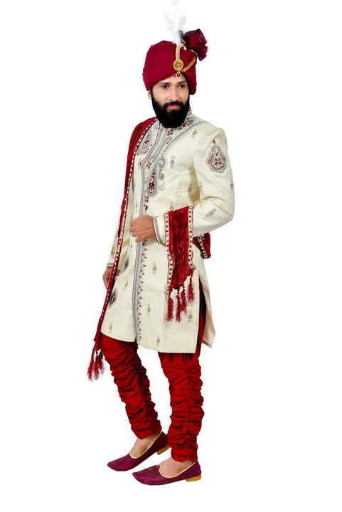 Zari Brocade Silk Cream and Maroon With Churidar Indian Wedding Sherwani For Men - RK2058