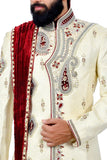 Zari Brocade Silk Cream and Maroon With Churidar Indian Wedding Sherwani For Men - RK2058