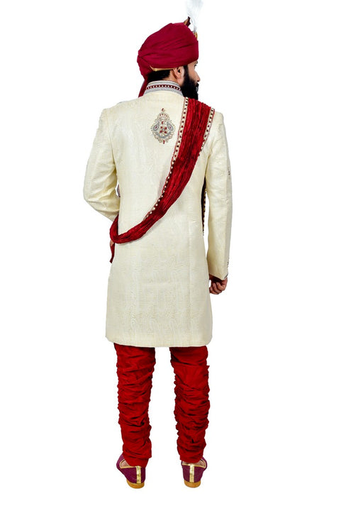 Zari Brocade Silk Cream and Maroon With Churidar Indian Wedding Sherwani For Men - RK2058