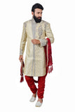 Classy Zari Tanchoi Brocade Silk Cream And Maroon Indian Wedding Sherwani For Men - RK2059