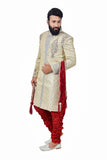 Classy Zari Tanchoi Brocade Silk Cream And Maroon Indian Wedding Sherwani For Men - RK2059