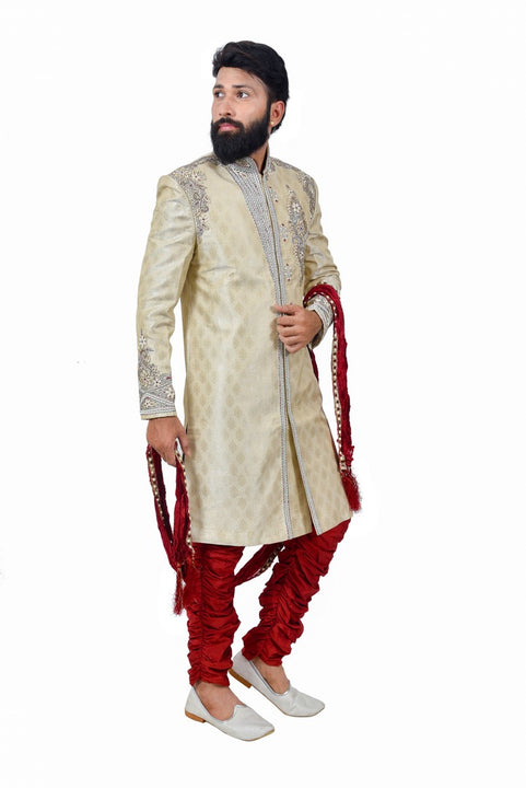 Classy Zari Tanchoi Brocade Silk Cream And Maroon Indian Wedding Sherwani For Men - RK2059
