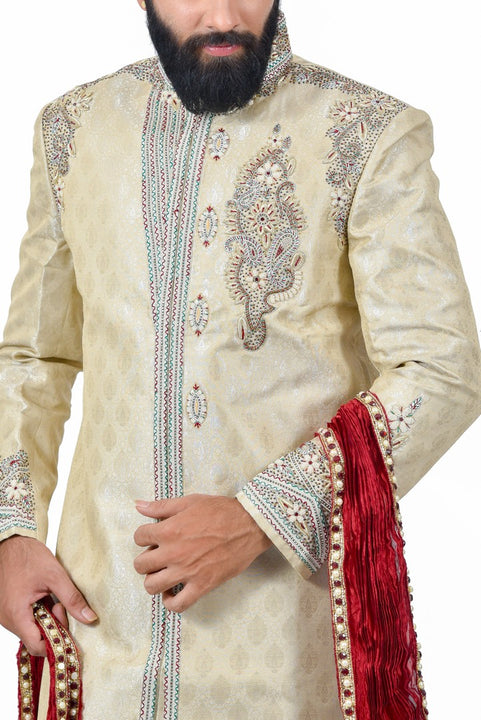 Classy Zari Tanchoi Brocade Silk Cream And Maroon Indian Wedding Sherwani For Men - RK2059