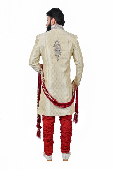 Classy Zari Tanchoi Brocade Silk Cream And Maroon Indian Wedding Sherwani For Men - RK2059