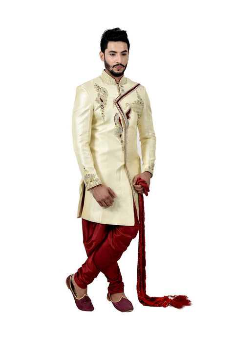 Stylish Brocade Silk Cream And Maroon Indian Wedding Sherwani For Men - RK2060