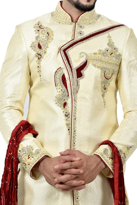 Stylish Brocade Silk Cream And Maroon Indian Wedding Sherwani For Men - RK2060