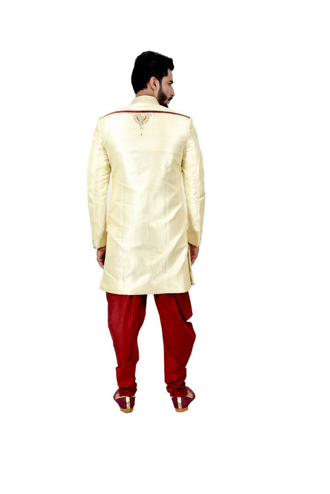 Stylish Brocade Silk Cream And Maroon Indian Wedding Sherwani For Men - RK2060