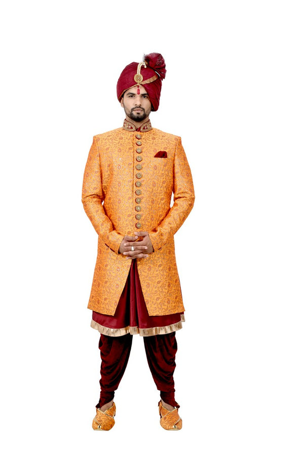 Royal Brocade Silk Rajah And Maroon Indian Wedding Sherwani For Men - RK2061
