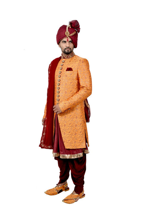 Royal Brocade Silk Rajah And Maroon Indian Wedding Sherwani For Men - RK2061
