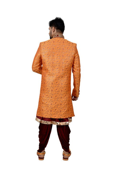 Royal Brocade Silk Rajah And Maroon Indian Wedding Sherwani For Men - RK2061