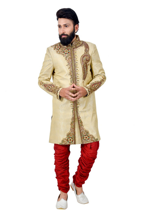 Designer Vanilla And Maroon Indian Wedding Sherwani For Men - RK2062